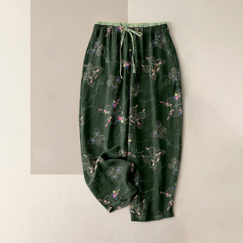 Nimara Ritual Pure Cotton Vintage Floral Butterfly Pattern Women's Elastic Waist Pants With Pockets