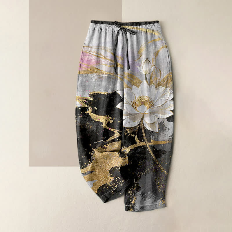 Nimara Ritual Pure Cotton Lotus Ink Wash Pattern Women's Elastic Waist Pants With Pockets