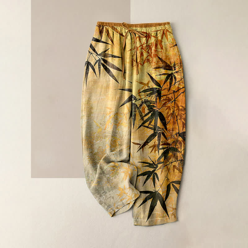 Nimara Ritual Pure Cotton Ink Bamboo Pattern Women's Elastic Waist Pants With Pockets