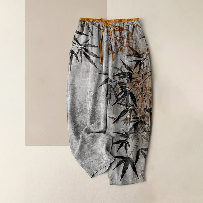 Nimara Ritual Pure Cotton Ink Bamboo Pattern Women's Elastic Waist Pants With Pockets