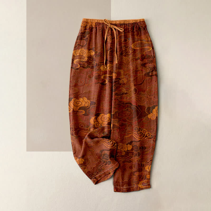 Nimara Ritual Pure Cotton Oriental Cloud Pattern Women's Elastic Waist Pants With Pockets
