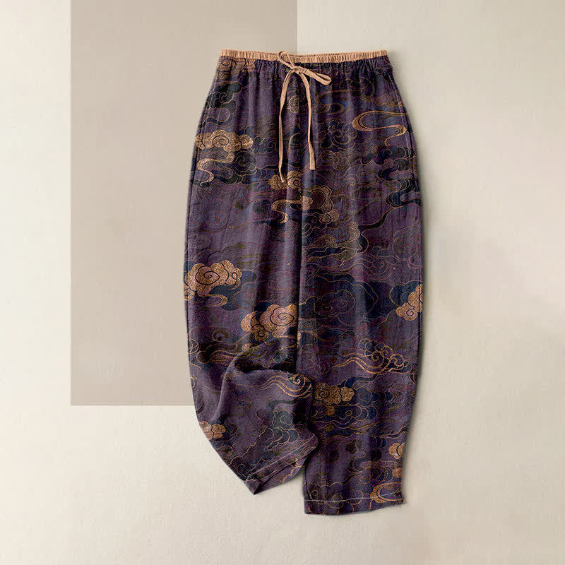 Nimara Ritual Pure Cotton Oriental Cloud Pattern Women's Elastic Waist Pants With Pockets