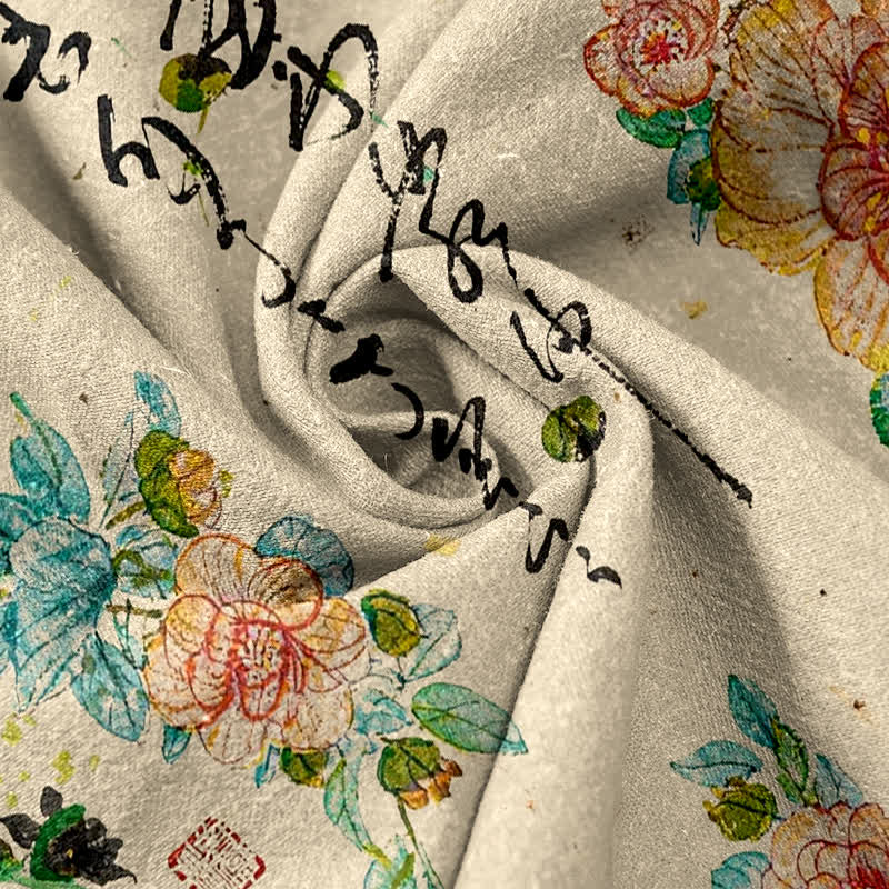 Nimara Ritual Pure Cotton Vintage Floral Calligraphy Pattern Women's Elastic Waist Pants With Pockets