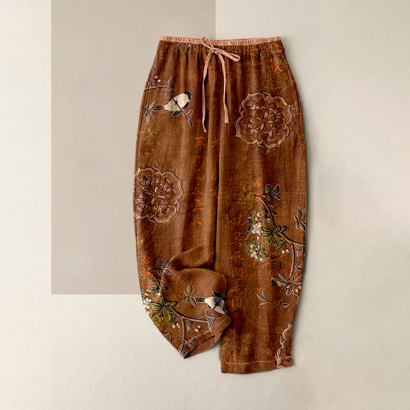 Nimara Ritual Pure Cotton Bohemian Floral Bird Pattern Women's Elastic Waist Pants With Pockets