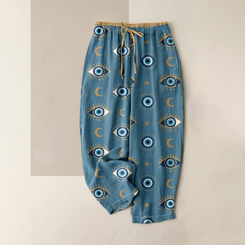 Nimara Ritual Pure Cotton Mystic Evil Eye Pattern Women's Elastic Waist Pants With Pockets