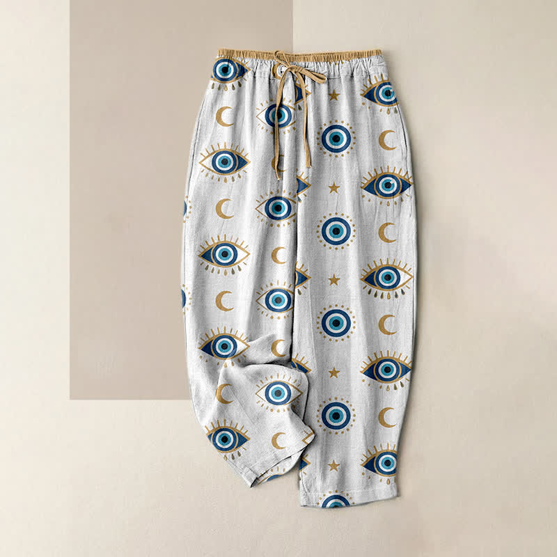 Nimara Ritual Pure Cotton Mystic Evil Eye Pattern Women's Elastic Waist Pants With Pockets