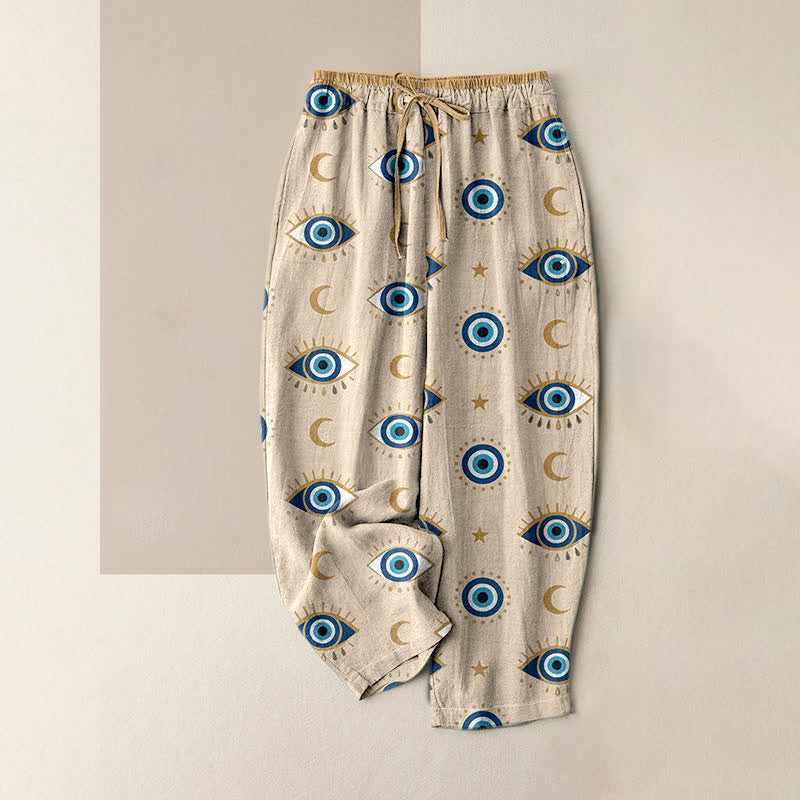 Nimara Ritual Pure Cotton Mystic Evil Eye Pattern Women's Elastic Waist Pants With Pockets