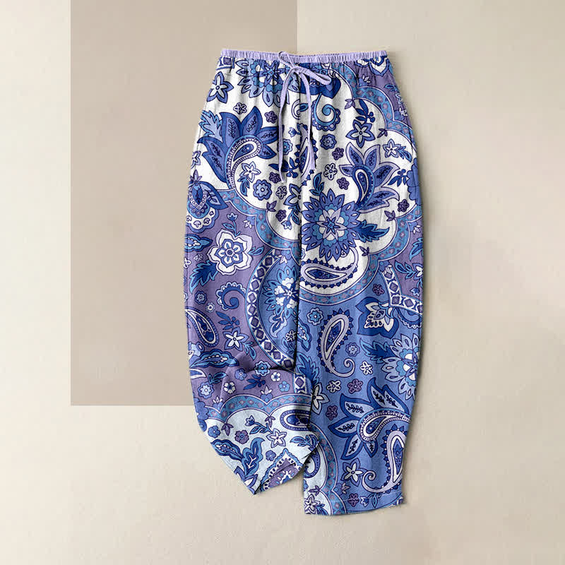 Nimara Ritual Pure Cotton Bohemian Paisley Floral Pattern Women's Elastic Waist Pants With Pockets