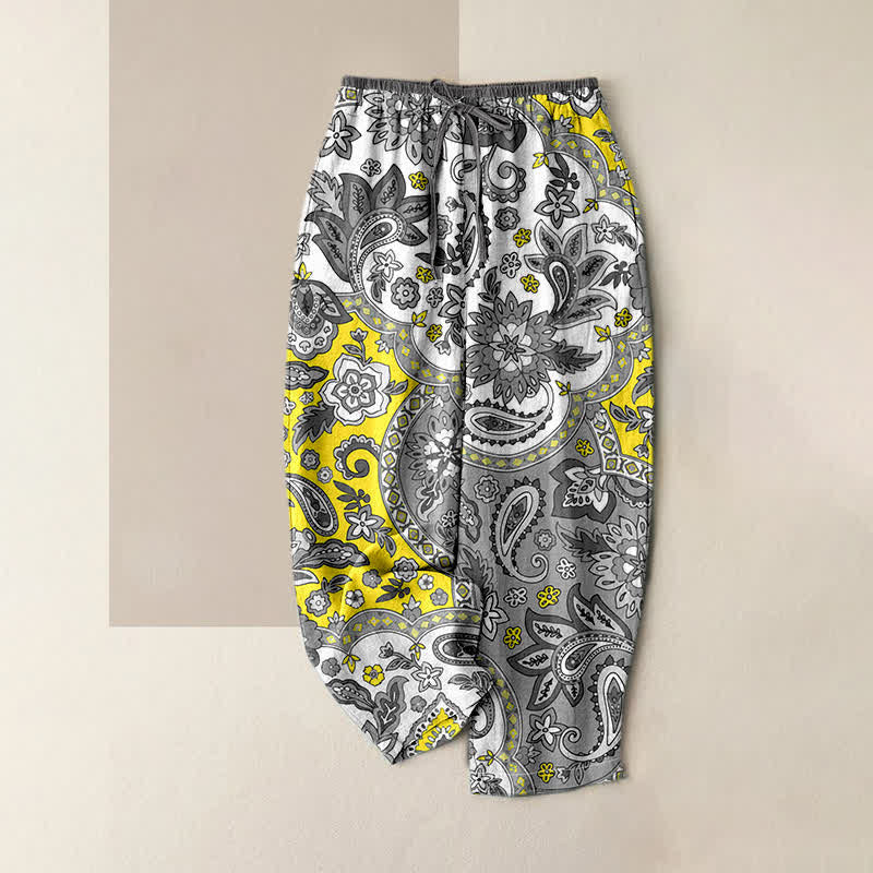 Nimara Ritual Pure Cotton Bohemian Paisley Floral Pattern Women's Elastic Waist Pants With Pockets