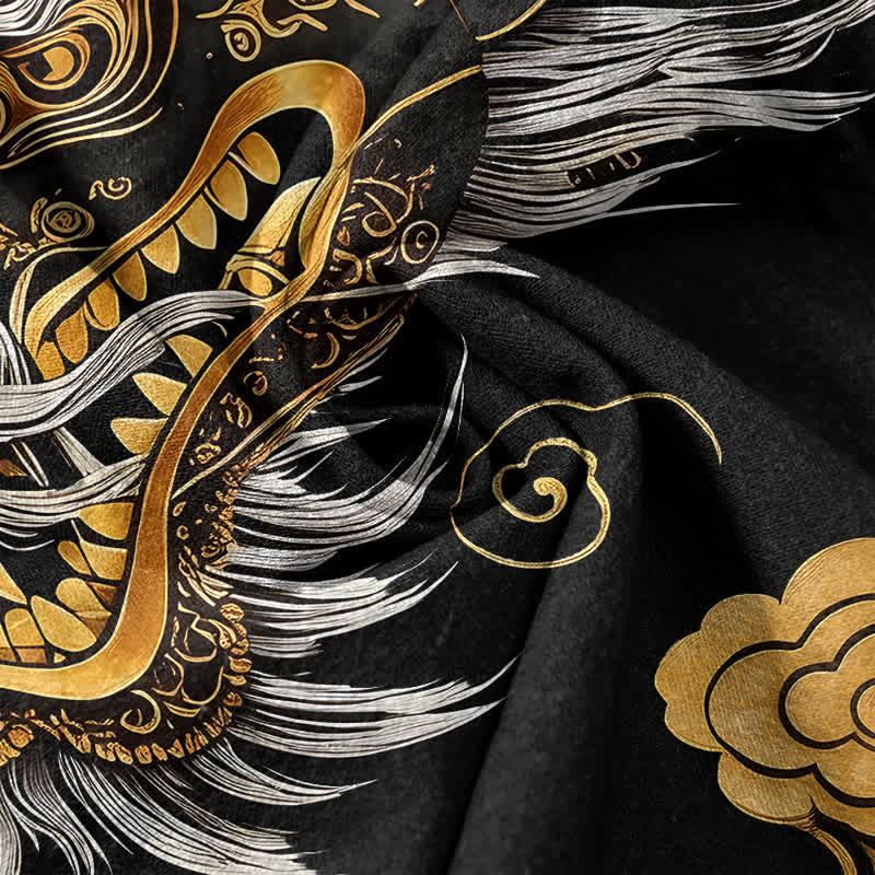 Nimara Ritual Cotton Golden Dragon Pattern Men's Short Sleeve Half Button Shirt
