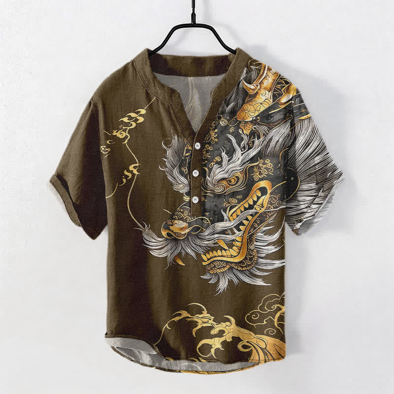 Nimara Ritual Cotton Golden Dragon Pattern Men's Short Sleeve Half Button Shirt