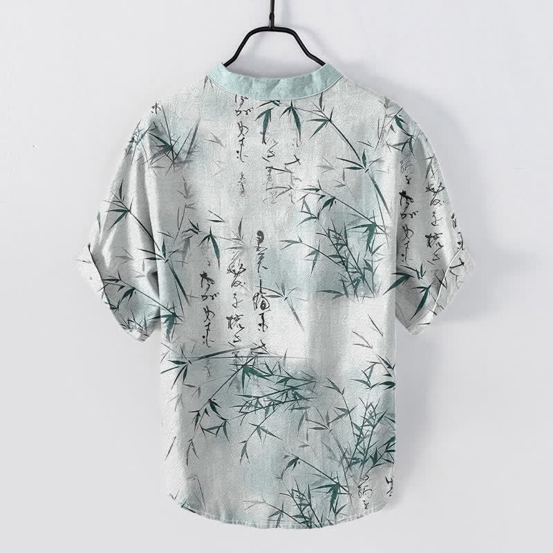 Nimara Ritual Cotton Ink Bamboo Calligraphy Pattern Men's Short Sleeve Half Button Shirt