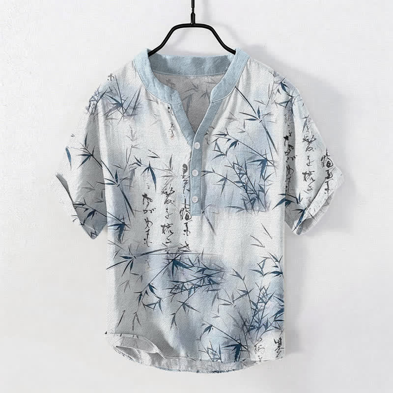 Nimara Ritual Cotton Ink Bamboo Calligraphy Pattern Men's Short Sleeve Half Button Shirt
