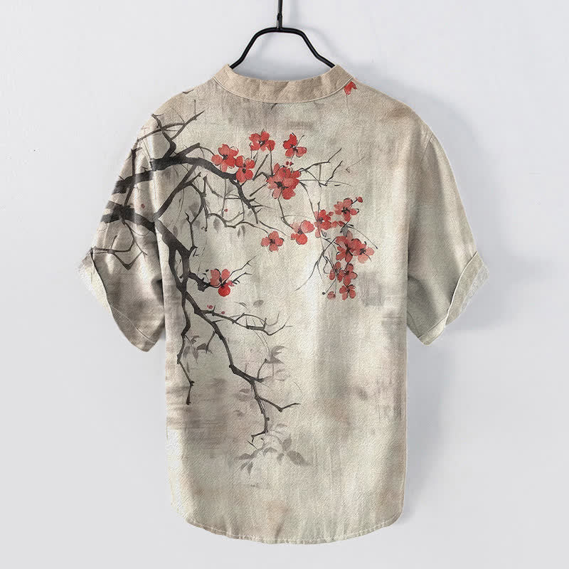 Nimara Ritual Cotton Plum Blossom Branch Pattern Men's Short Sleeve Half Button Shirt