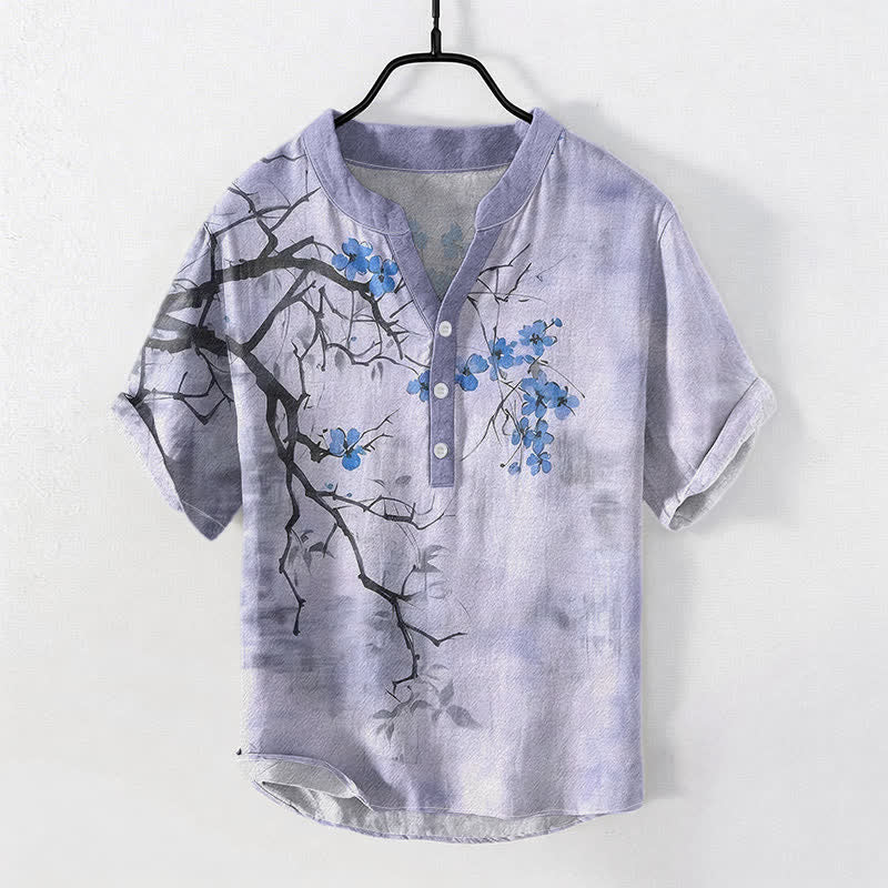 Nimara Ritual Cotton Plum Blossom Branch Pattern Men's Short Sleeve Half Button Shirt