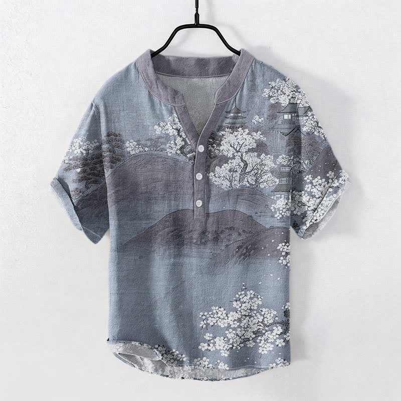 Nimara Ritual Cotton Mountain Blossom Pattern Men's Short Sleeve Half Button Shirt