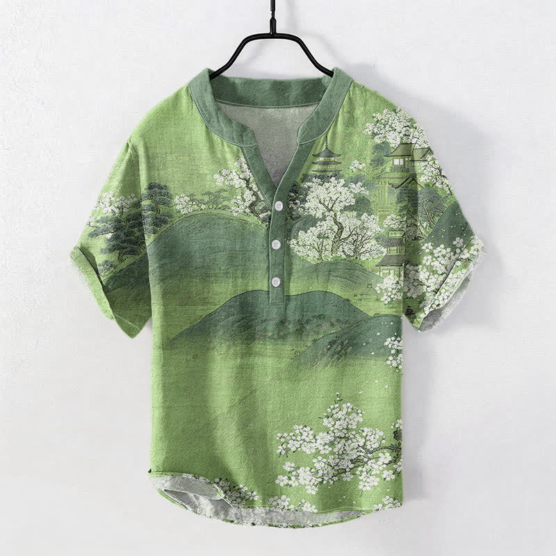 Nimara Ritual Cotton Mountain Blossom Pattern Men's Short Sleeve Half Button Shirt
