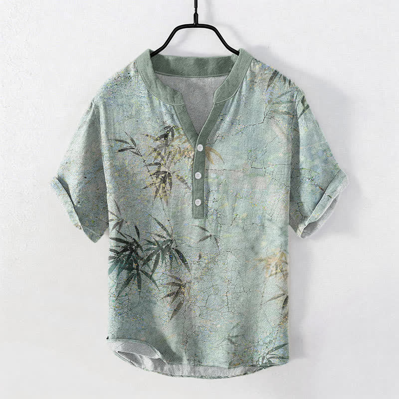 Nimara Ritual Cotton Ink Bamboo Leaf Pattern Men's Short Sleeve Half Button Shirt