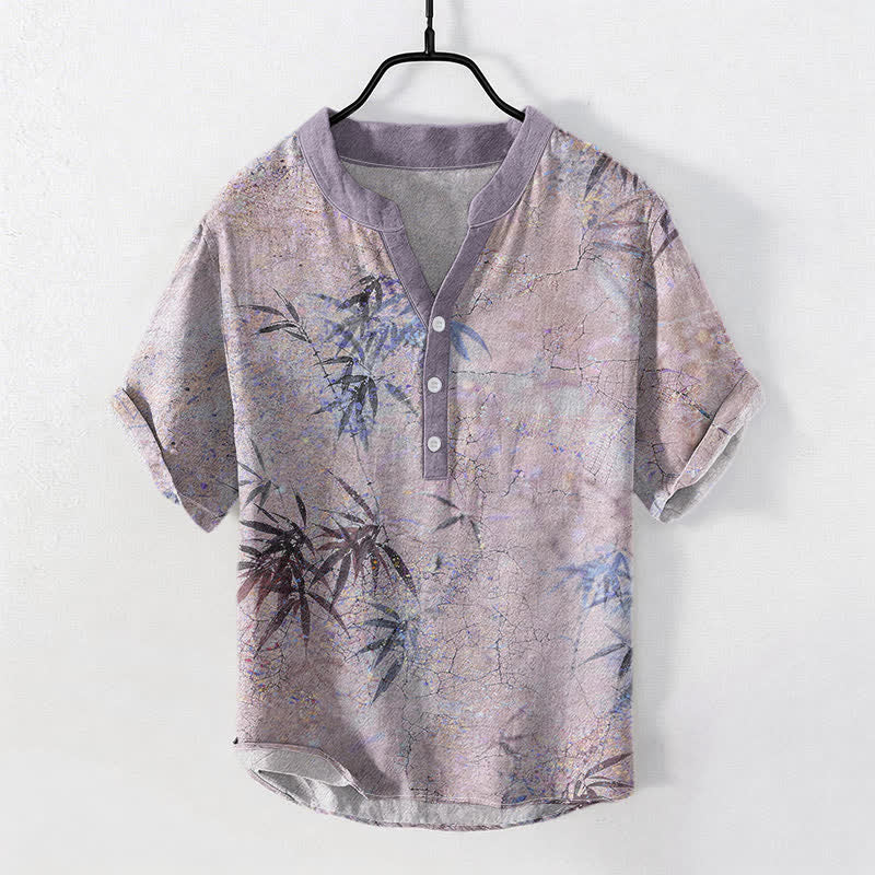 Nimara Ritual Cotton Ink Bamboo Leaf Pattern Men's Short Sleeve Half Button Shirt