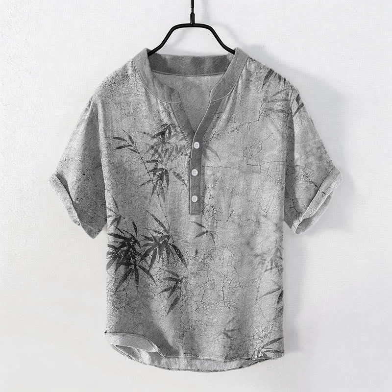 Nimara Ritual Cotton Ink Bamboo Leaf Pattern Men's Short Sleeve Half Button Shirt
