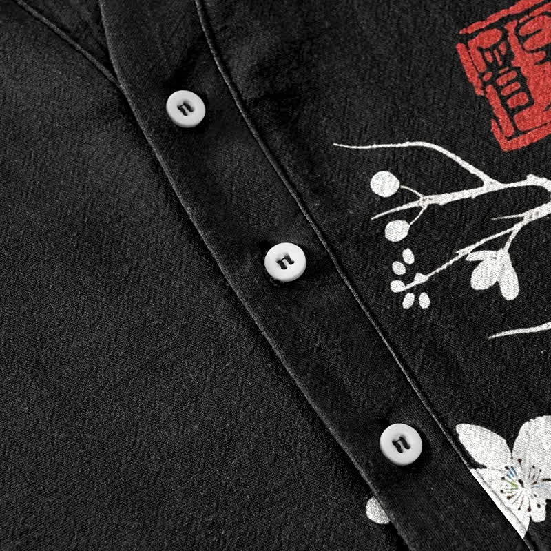 Nimara Ritual Cotton Plum Blossom Branch Pattern Men's Short Sleeve Half Button Shirt