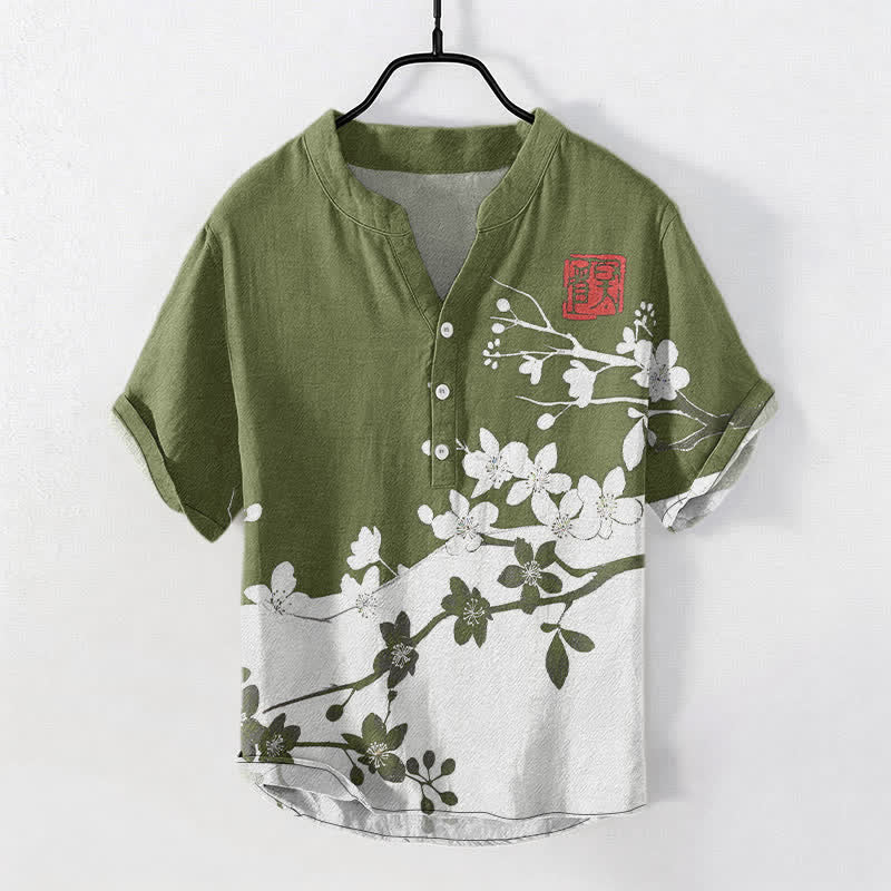 Nimara Ritual Cotton Plum Blossom Branch Pattern Men's Short Sleeve Half Button Shirt