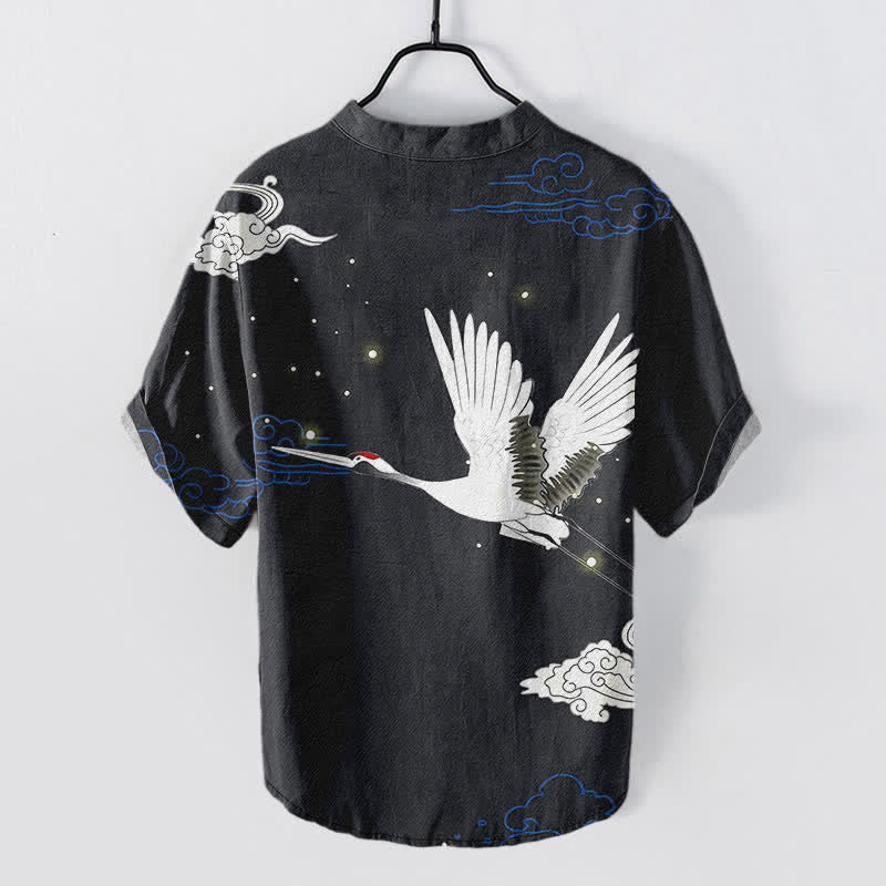 Nimara Ritual Cotton Flying Crane Cloud Pattern Men's Short Sleeve Half Button Shirt
