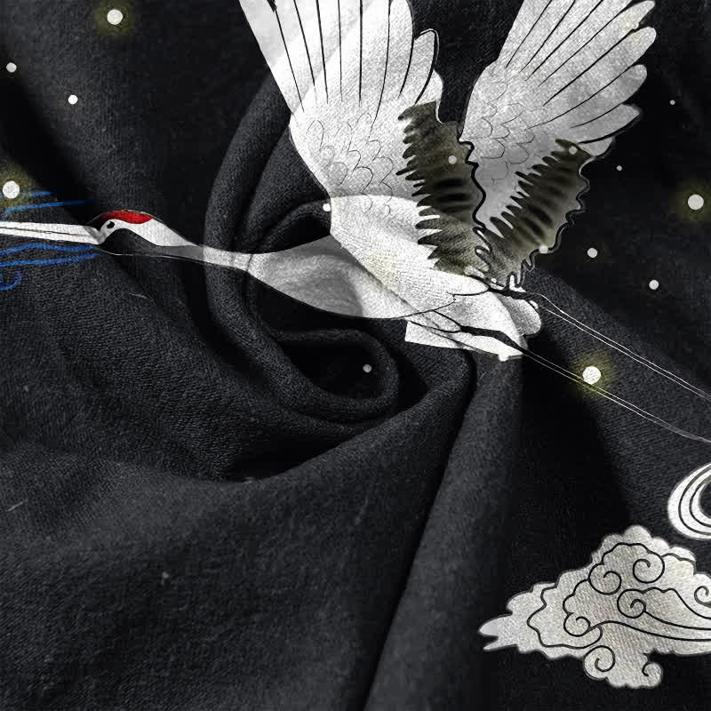 Nimara Ritual Cotton Flying Crane Cloud Pattern Men's Short Sleeve Half Button Shirt