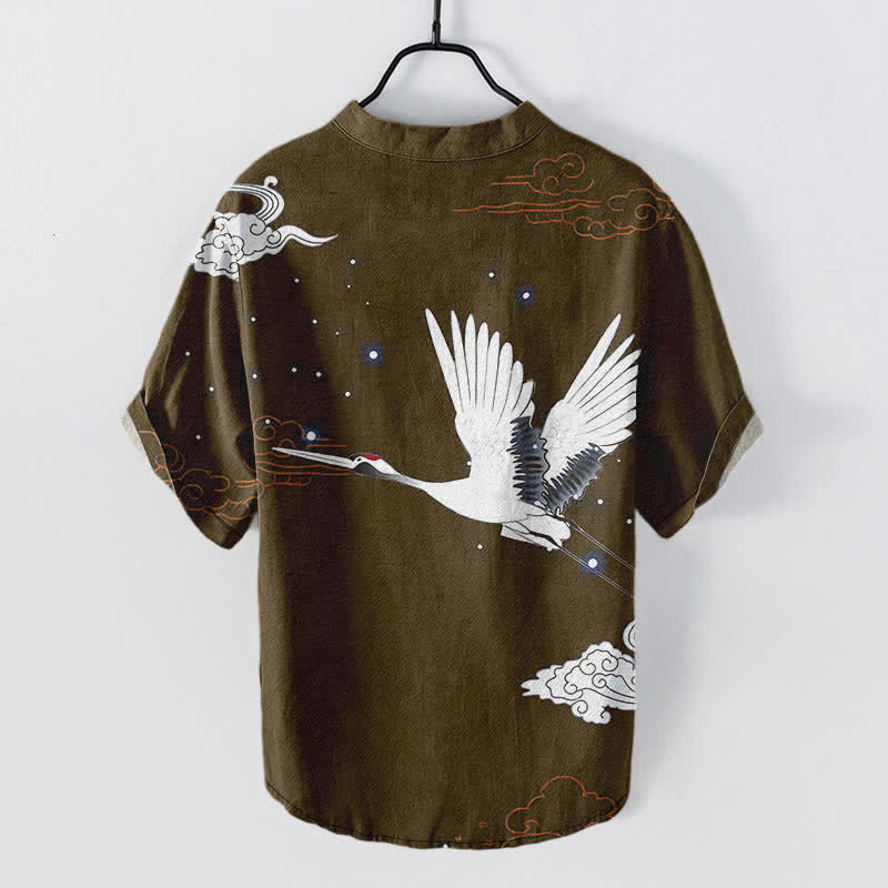 Nimara Ritual Cotton Flying Crane Cloud Pattern Men's Short Sleeve Half Button Shirt
