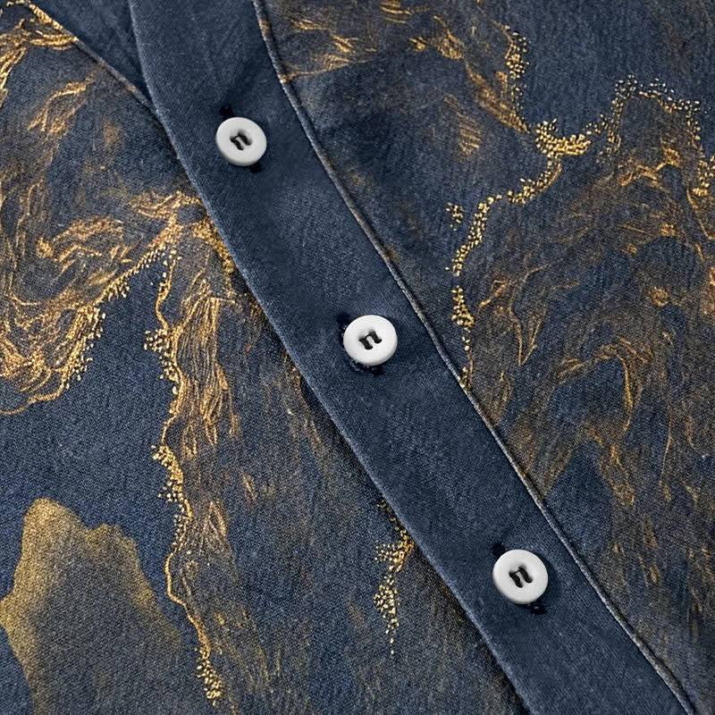 Nimara Ritual Cotton Golden Mountain Pine Pattern Men's Short Sleeve Half Button Shirt