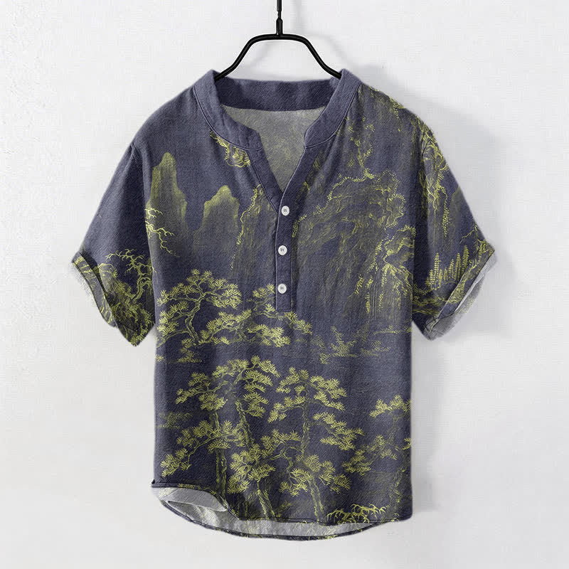 Nimara Ritual Cotton Golden Mountain Pine Pattern Men's Short Sleeve Half Button Shirt