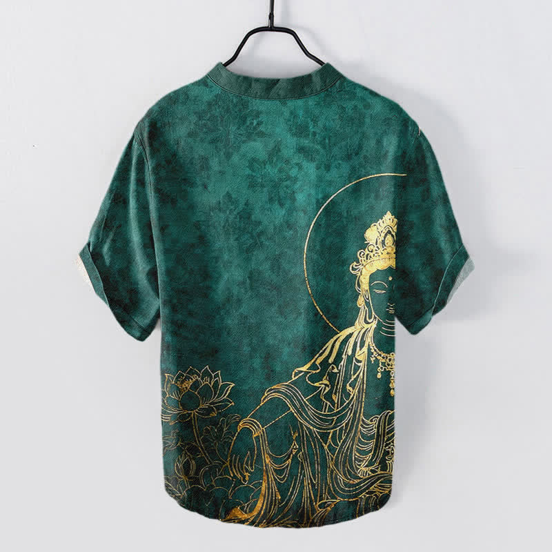 Nimara Ritual Cotton Golden Buddha Lotus Pattern Men's Short Sleeve Half Button Shirt
