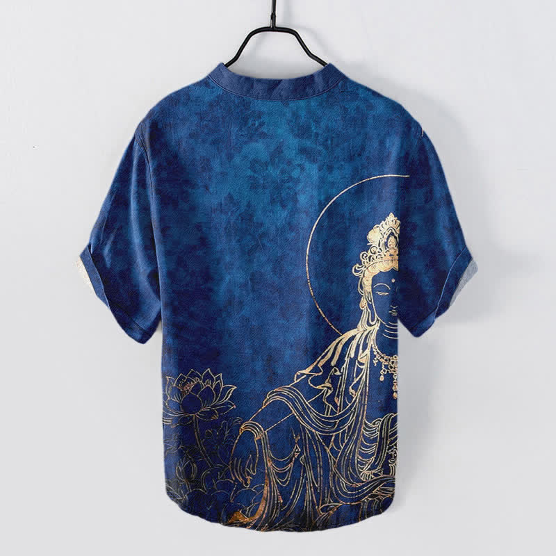 Nimara Ritual Cotton Golden Buddha Lotus Pattern Men's Short Sleeve Half Button Shirt