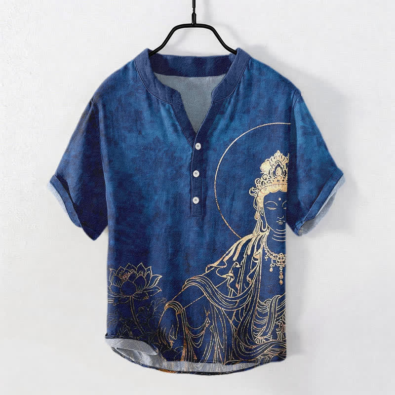 Nimara Ritual Cotton Golden Buddha Lotus Pattern Men's Short Sleeve Half Button Shirt