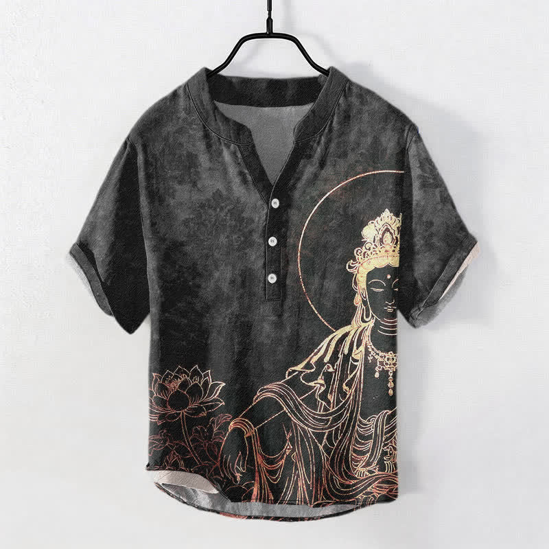 Nimara Ritual Cotton Golden Buddha Lotus Pattern Men's Short Sleeve Half Button Shirt