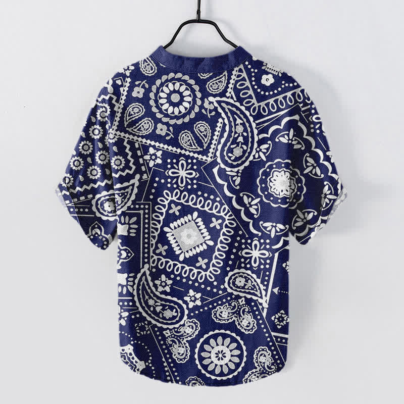 Nimara Ritual Cotton Classic White Paisley Pattern Men's Short Sleeve Half Button Shirt