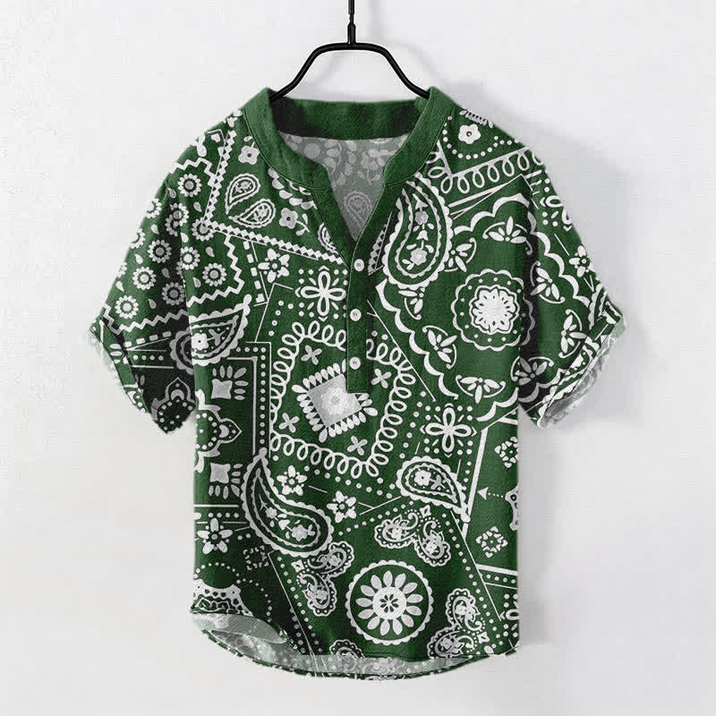 Nimara Ritual Cotton Classic White Paisley Pattern Men's Short Sleeve Half Button Shirt