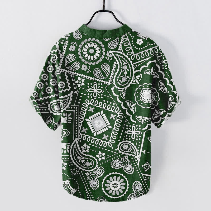 Nimara Ritual Cotton Classic White Paisley Pattern Men's Short Sleeve Half Button Shirt