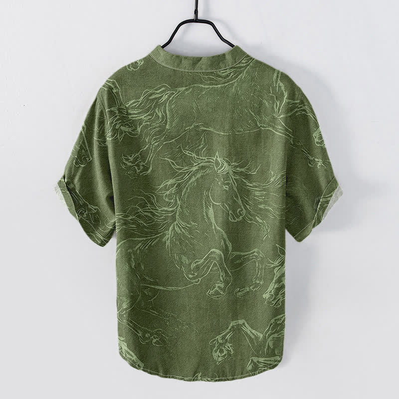 Nimara Ritual Cotton Running Horse Line Pattern Men's Short Sleeve Half Button Shirt