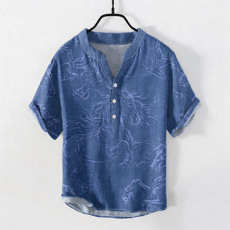 Nimara Ritual Cotton Running Horse Line Pattern Men's Short Sleeve Half Button Shirt
