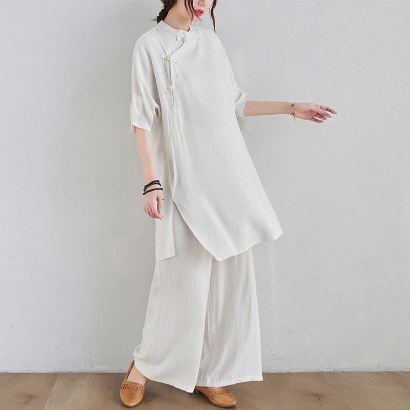 Nimara Ritual 2Pcs Plain Design Zen Tai Chi Meditation Clothing Cotton Linen Top Pants Women's Set