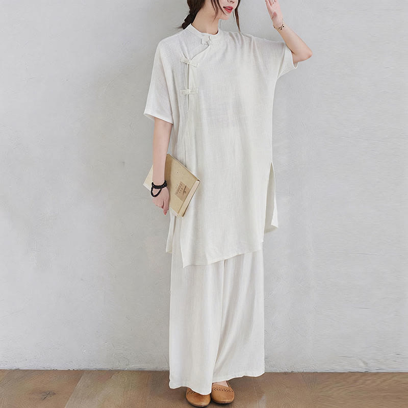 Nimara Ritual 2Pcs Plain Design Zen Tai Chi Meditation Clothing Cotton Linen Top Pants Women's Set