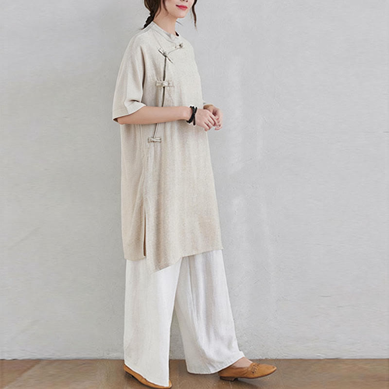 Nimara Ritual 2Pcs Plain Design Zen Tai Chi Meditation Clothing Cotton Linen Top Pants Women's Set