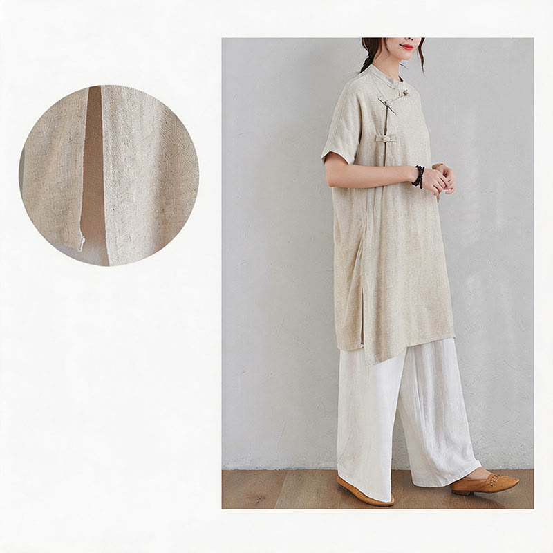 Nimara Ritual 2Pcs Plain Design Zen Tai Chi Meditation Clothing Cotton Linen Top Pants Women's Set