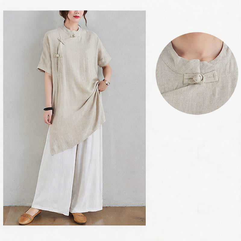 Nimara Ritual 2Pcs Plain Design Zen Tai Chi Meditation Clothing Cotton Linen Top Pants Women's Set