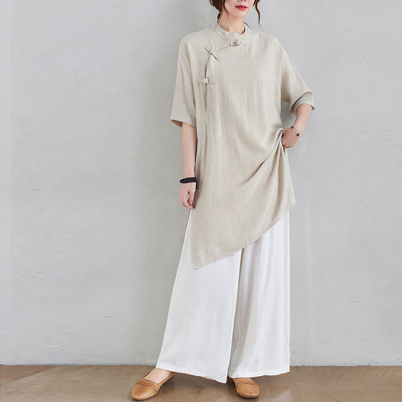 Nimara Ritual 2Pcs Plain Design Zen Tai Chi Meditation Clothing Cotton Linen Top Pants Women's Set