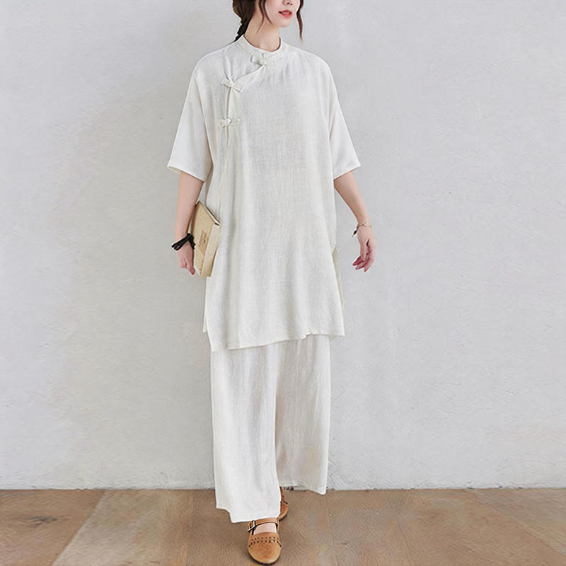 Nimara Ritual 2Pcs Plain Design Zen Tai Chi Meditation Clothing Cotton Linen Top Pants Women's Set