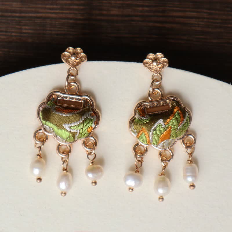Nimara Ritual Song Brocade Handcrafted Silk Art Peace Lock Pearl Protection Drop Earrings
