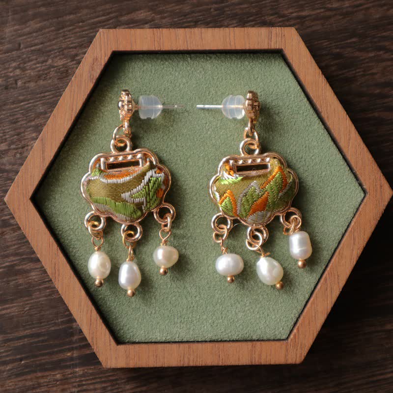 Nimara Ritual Song Brocade Handcrafted Silk Art Peace Lock Pearl Protection Drop Earrings