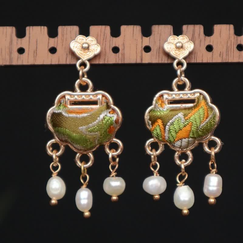 Nimara Ritual Song Brocade Handcrafted Silk Art Peace Lock Pearl Protection Drop Earrings